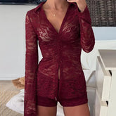 Red lace outfit worn by a person in an indoor setting